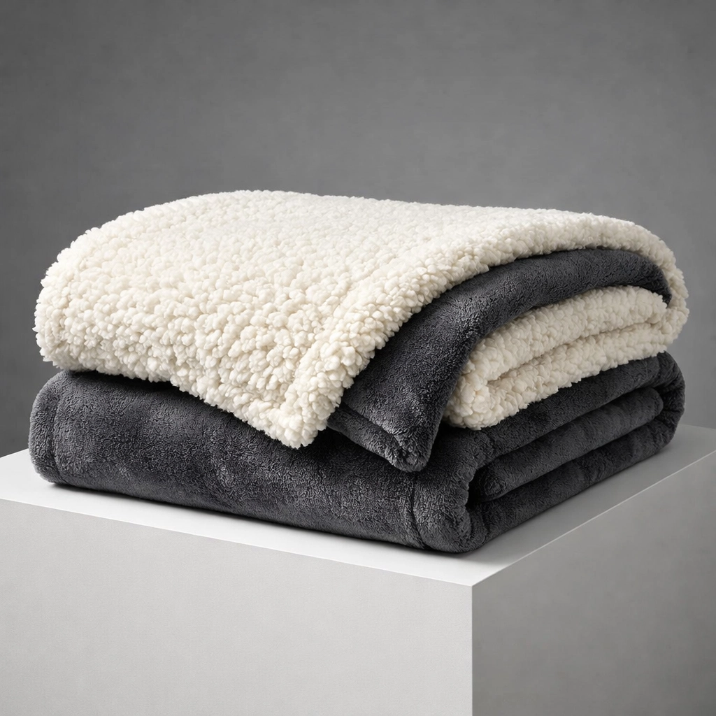 Heavyweight white and grey sherpa blanket showing dense texture and warmth for cold weather comfort.
