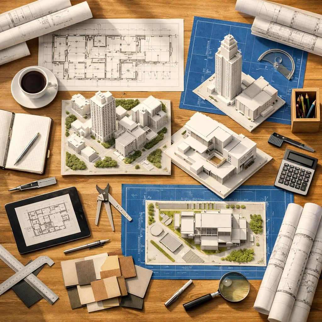 Investment planning workspace with blueprints showing multi-asset portfolio construction