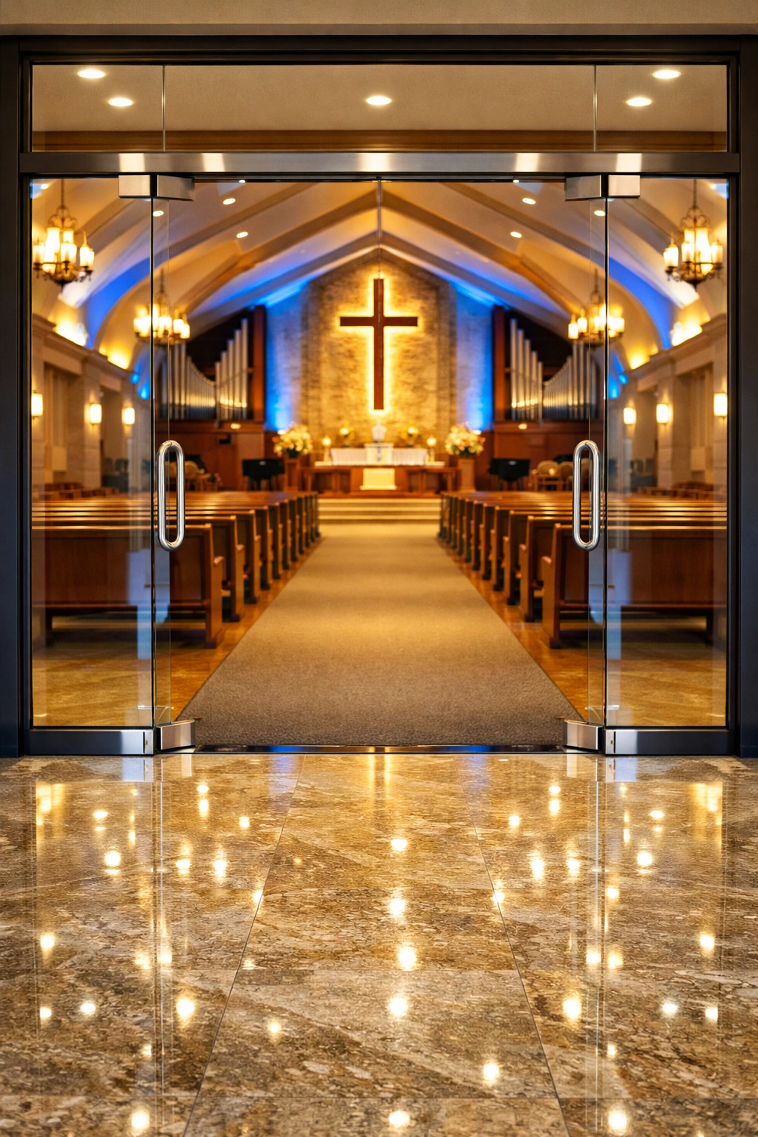 Sparkling streak-free glass doors and a polished stone vestibule at a church entrance.