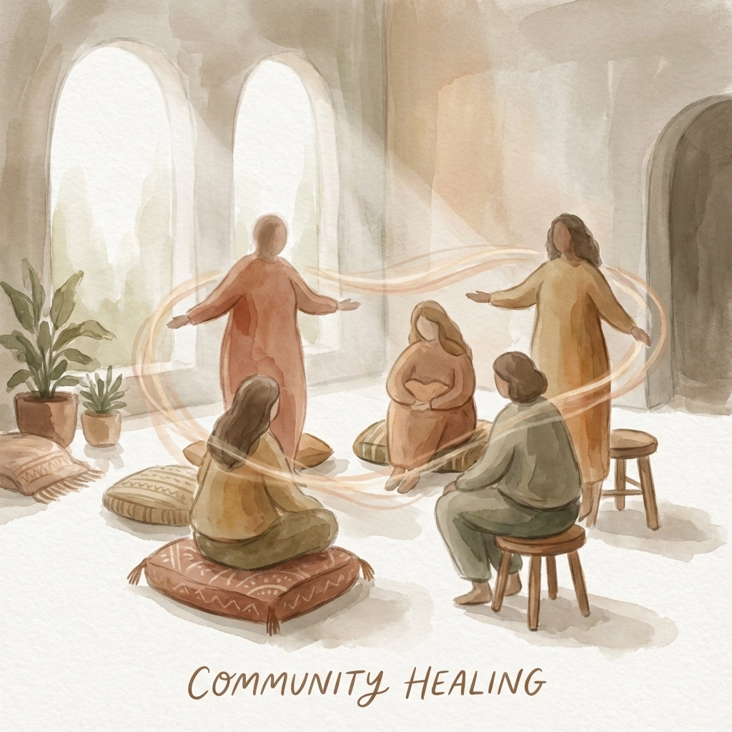 People in a serene room with plants, sitting on cushions, encircled by light. Text: "Community Healing." Calm atmosphere.