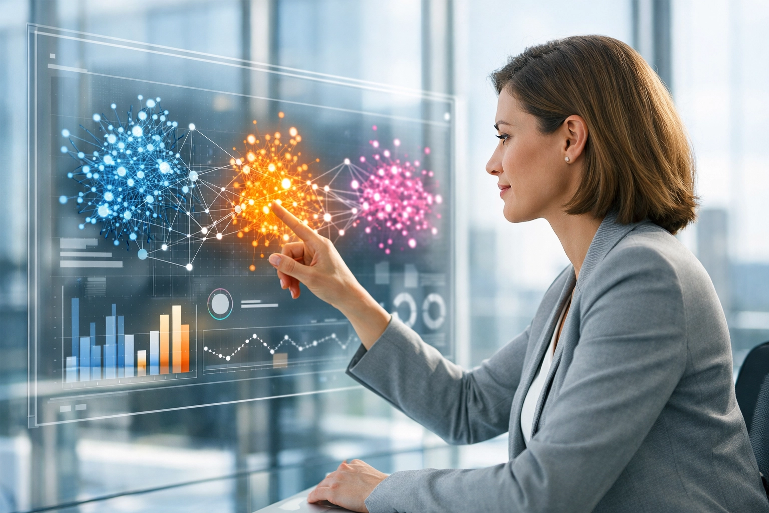 Recruitment specialist using a digital interface to manage a tech talent funnel and candidate data.