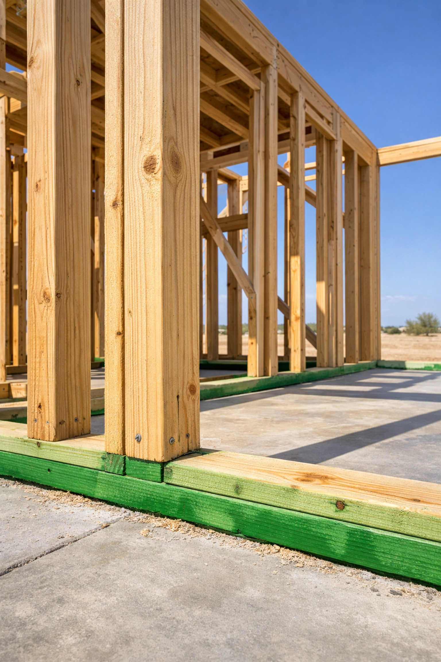 Green-tinted termite prevention treatment on new home construction framing in Litchfield Park, Arizona.