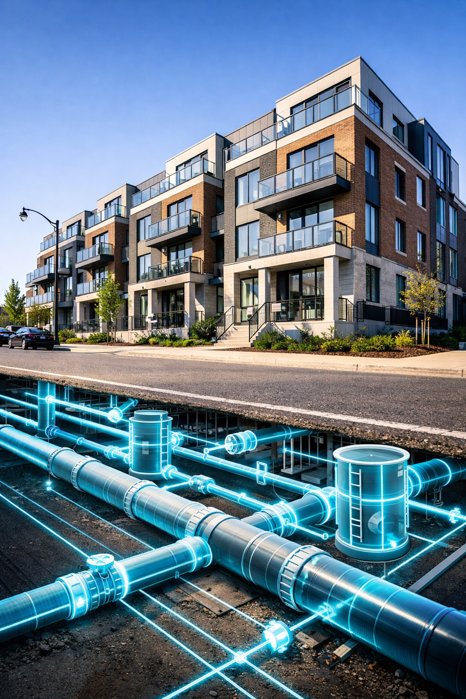 Modern GTA townhome development showing technical sanitary sewer and water distribution infrastructure plans.