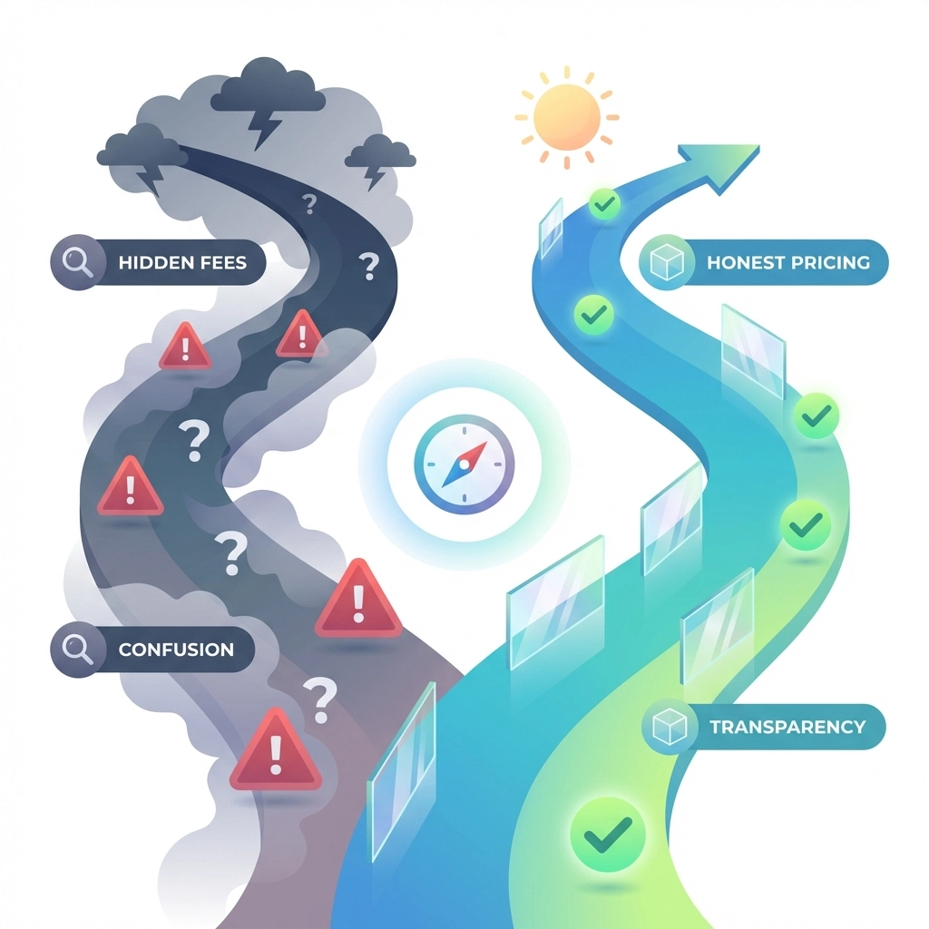 Two diverging paths showing the choice between hidden-fee MMS offers and transparent, honest marketing pricing.