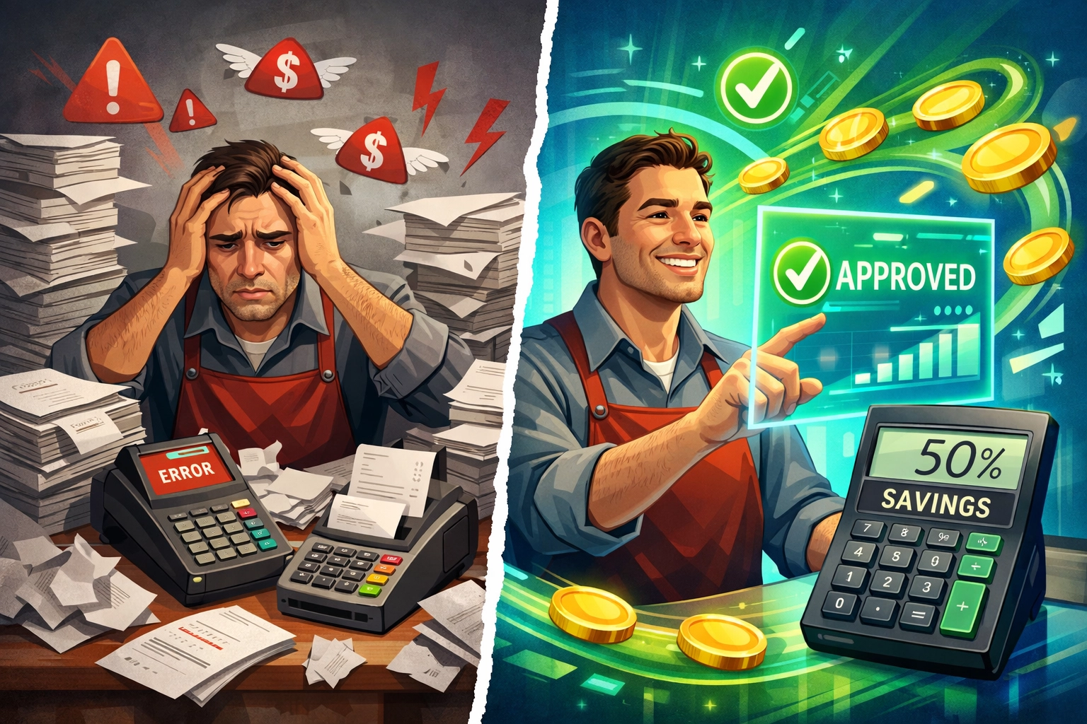 Merchant comparing traditional payment fees versus 50% savings with Larecoin crypto payments