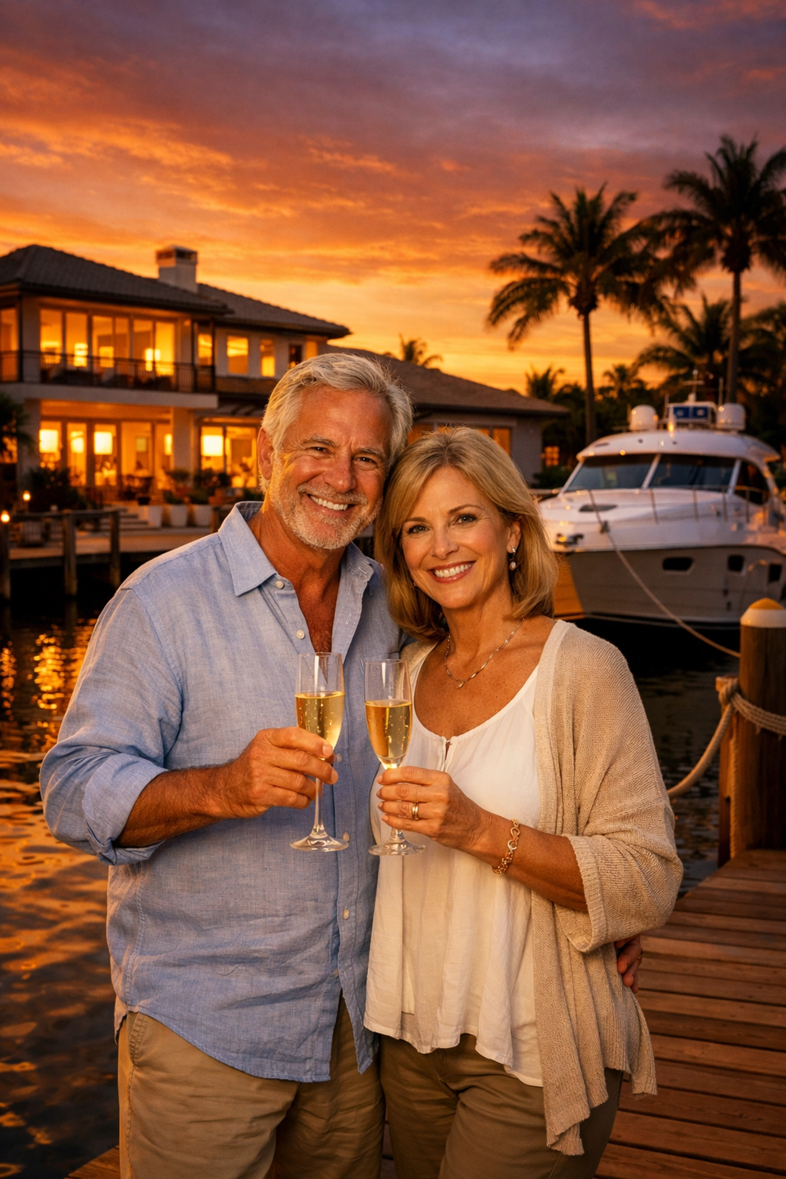 Retired couple enjoying sunset on private dock at their SWFL waterfront home