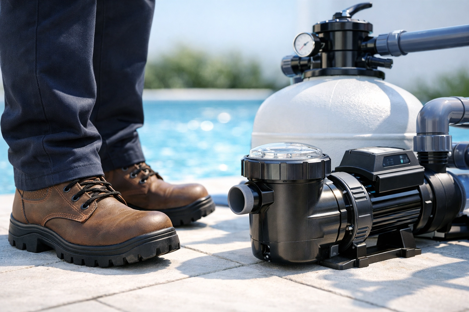 Service boots next to a modern pool pump representing the owner's perspective in the pool industry.