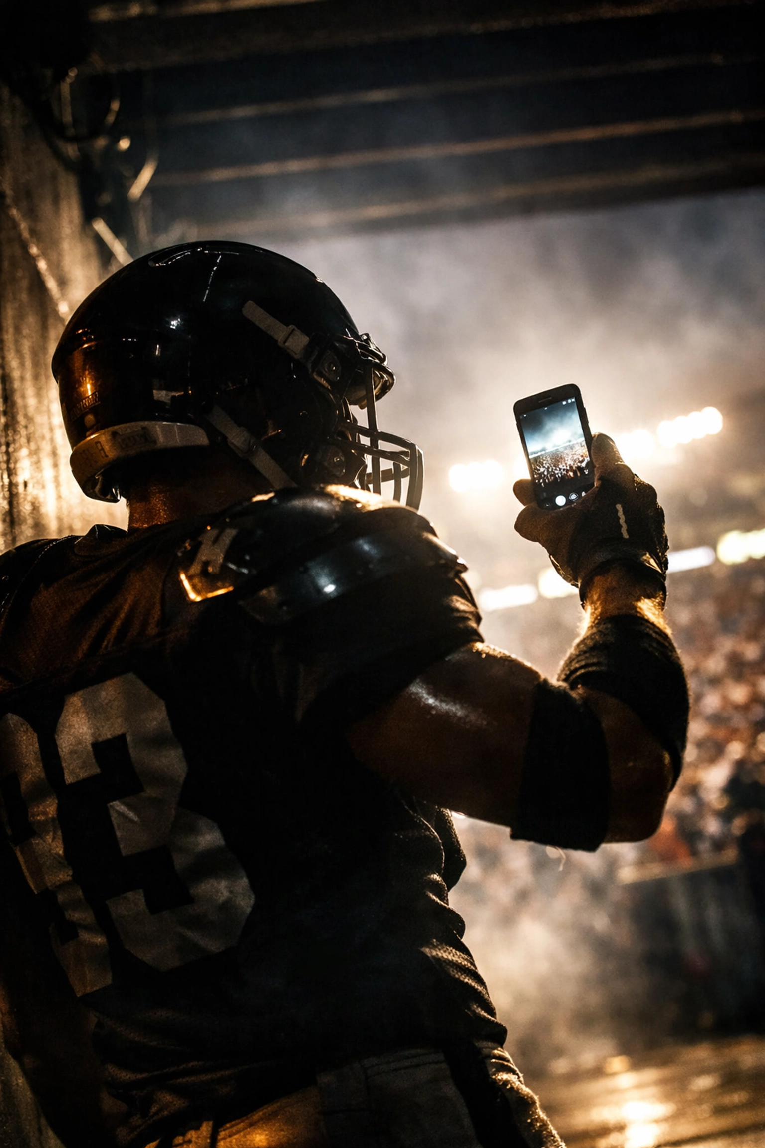 Football athlete recording behind-the-scenes content on a smartphone for an authentic NIL marketing campaign.