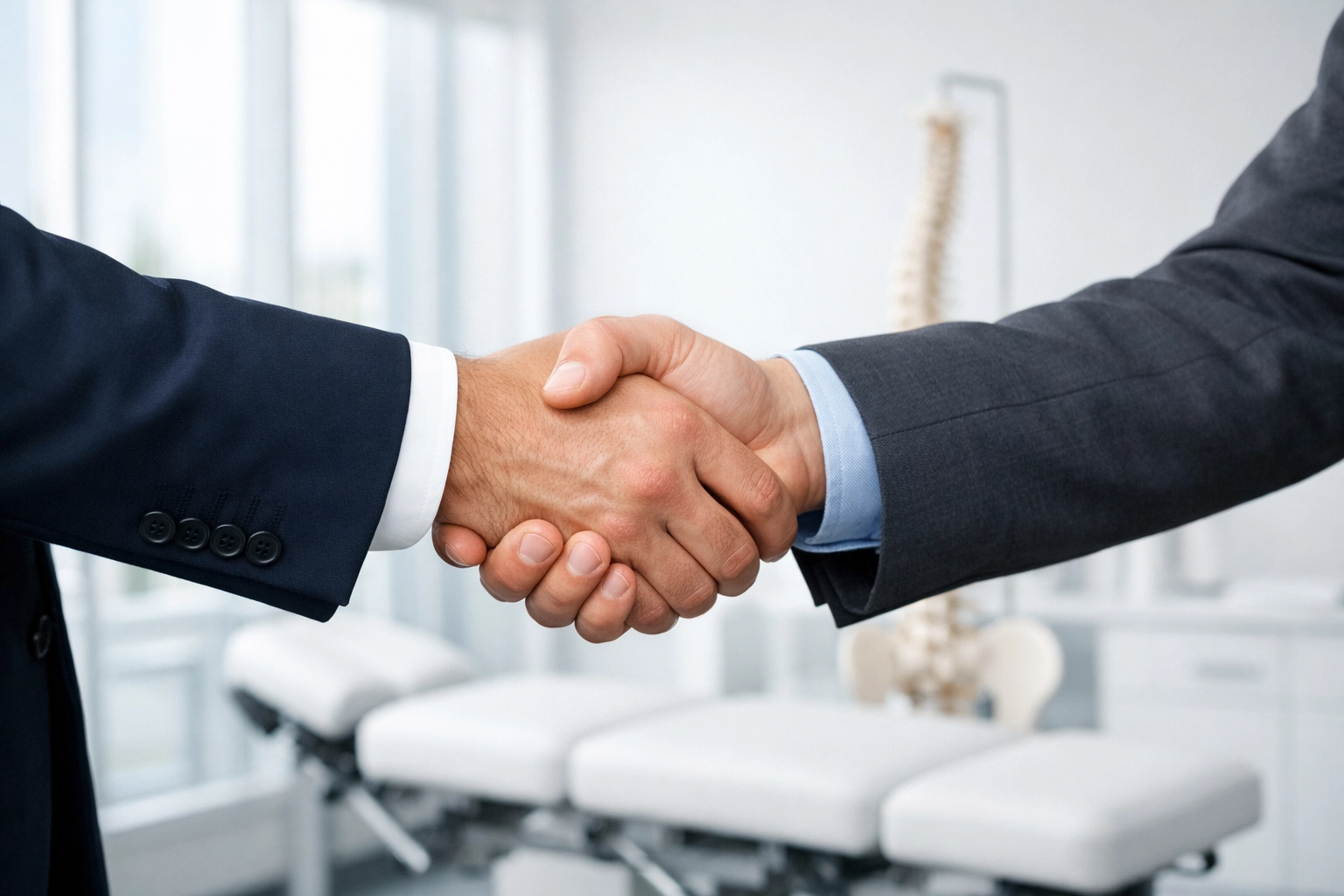 A professional handshake in a modern clinic representing an exclusive chiropractic marketing partnership.