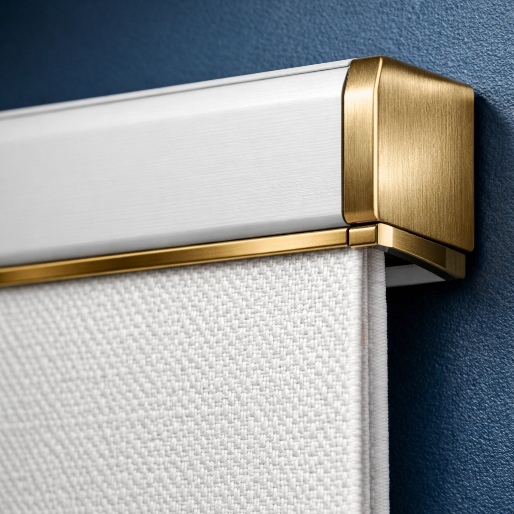 Close-up of bespoke made to measure motorised blind hardware featuring a sleek cordless design.