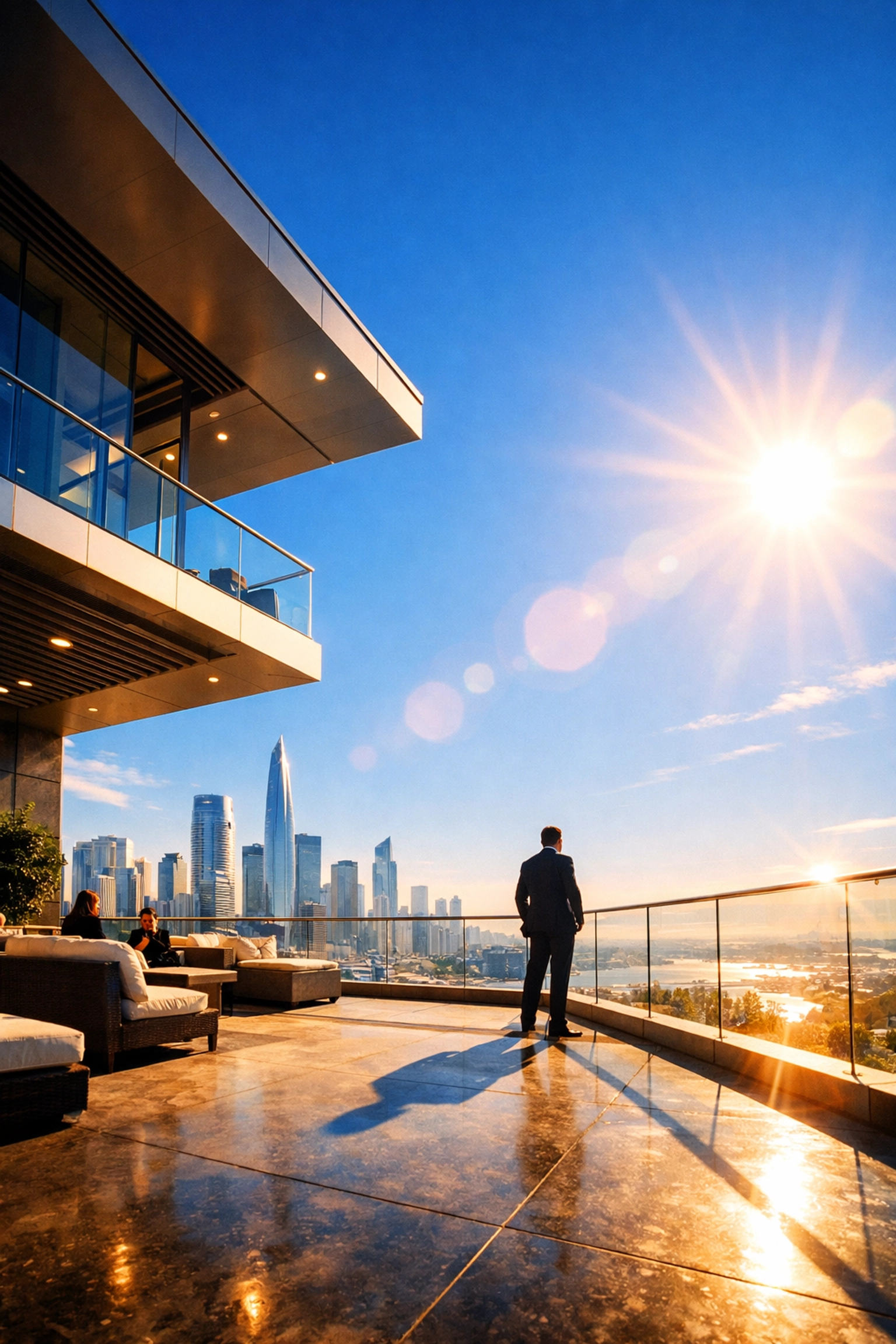 Triumphant skyline view from an executive terrace representing an unstoppable small business future.