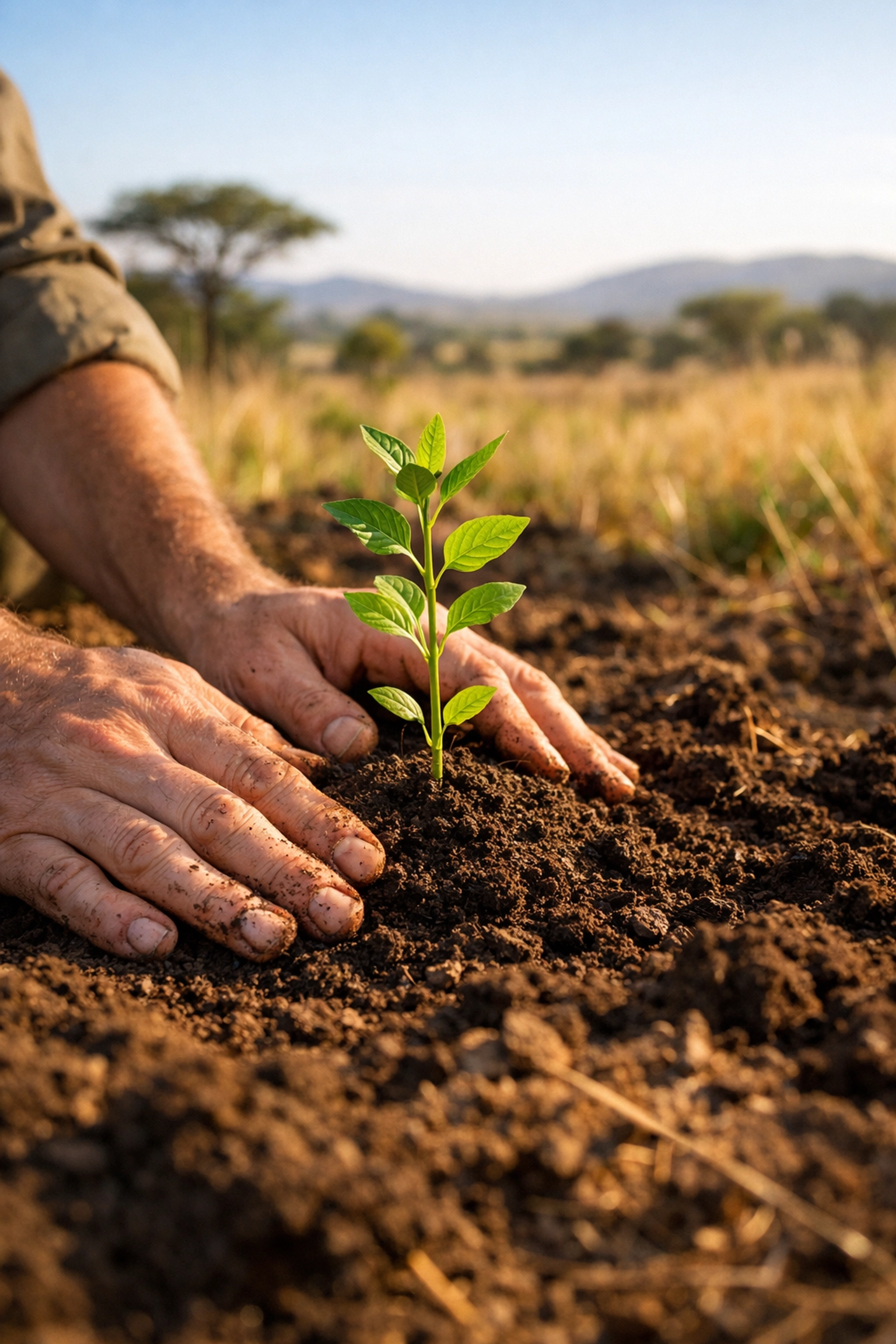 Conservationist planting a tree sapling for habitat restoration, showing direct wildlife conservation impact.