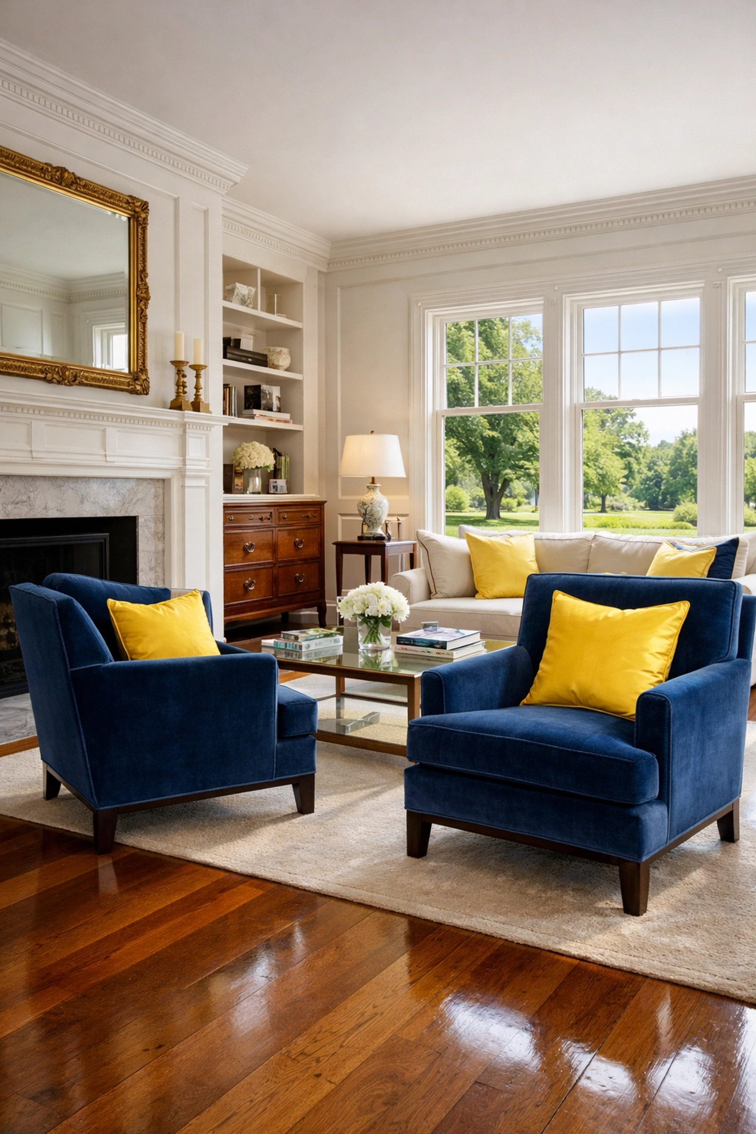 Professionally cleaned sun-drenched living room in a Lincoln estate with polished hardwood floors.
