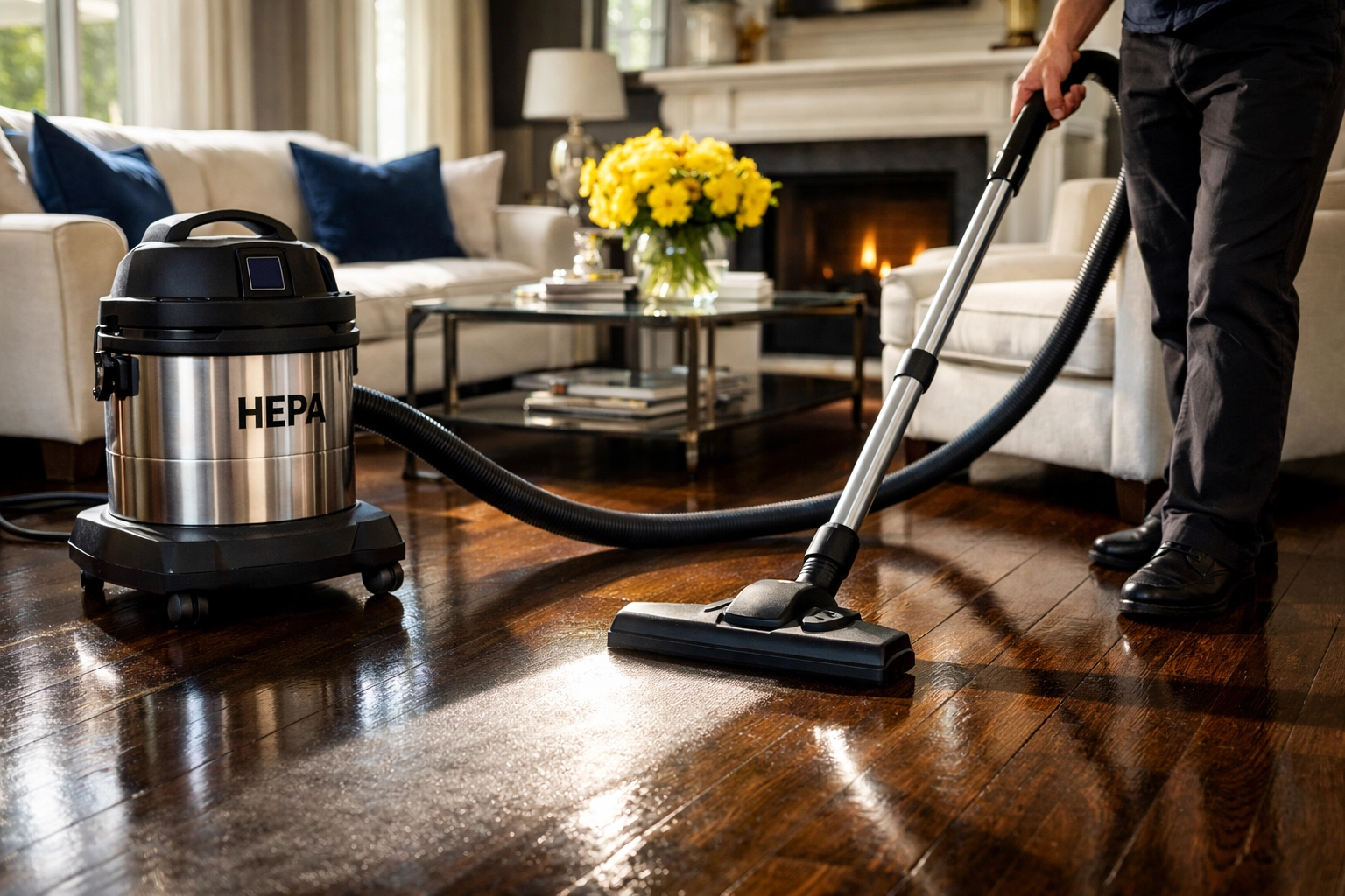 Professional HEPA vacuuming on dark hardwood floors for detailed house cleaning in Townsend MA.