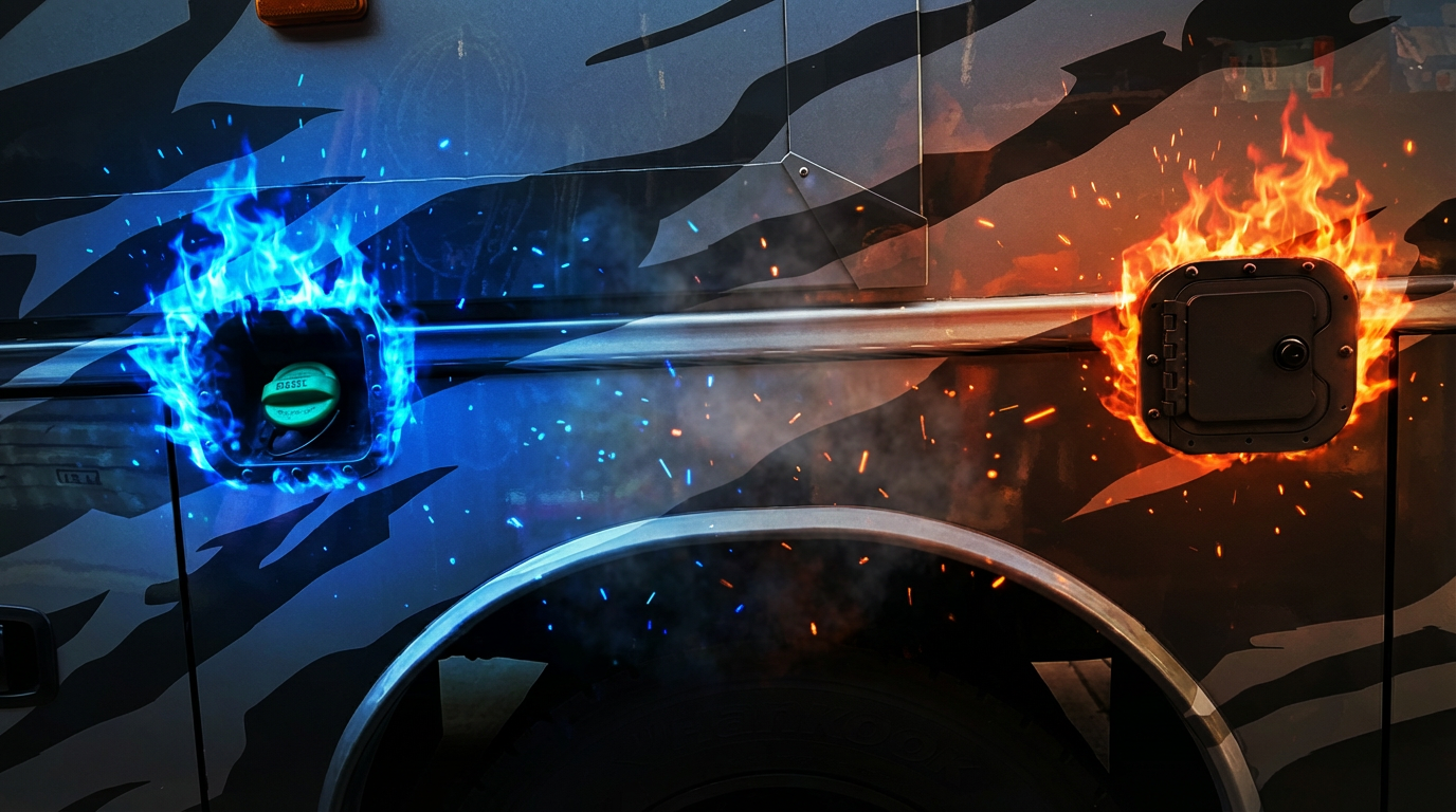 A high-impact composite fuel cap cover installed on a Super C motorhome, providing an armored barrier.