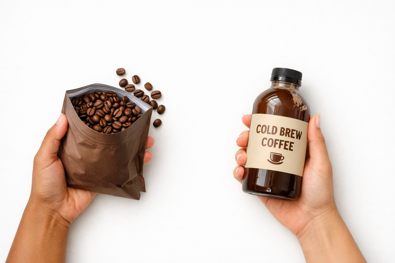 Comparison of coffee beans versus ready-to-drink bottled coffee for quick delivery