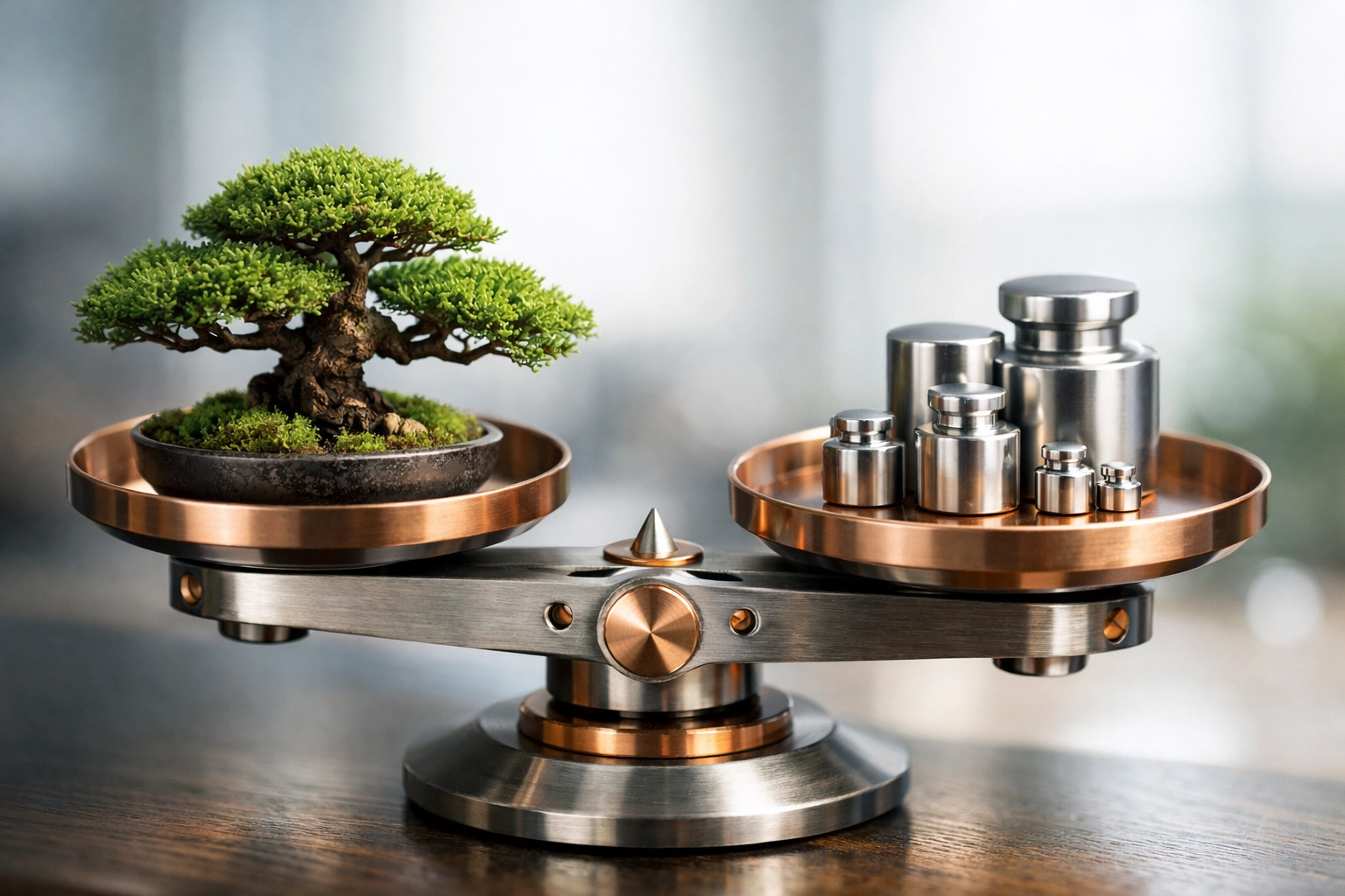 Modern balancing scales with a bonsai tree and weights symbolizing precise portfolio rebalancing and stability.