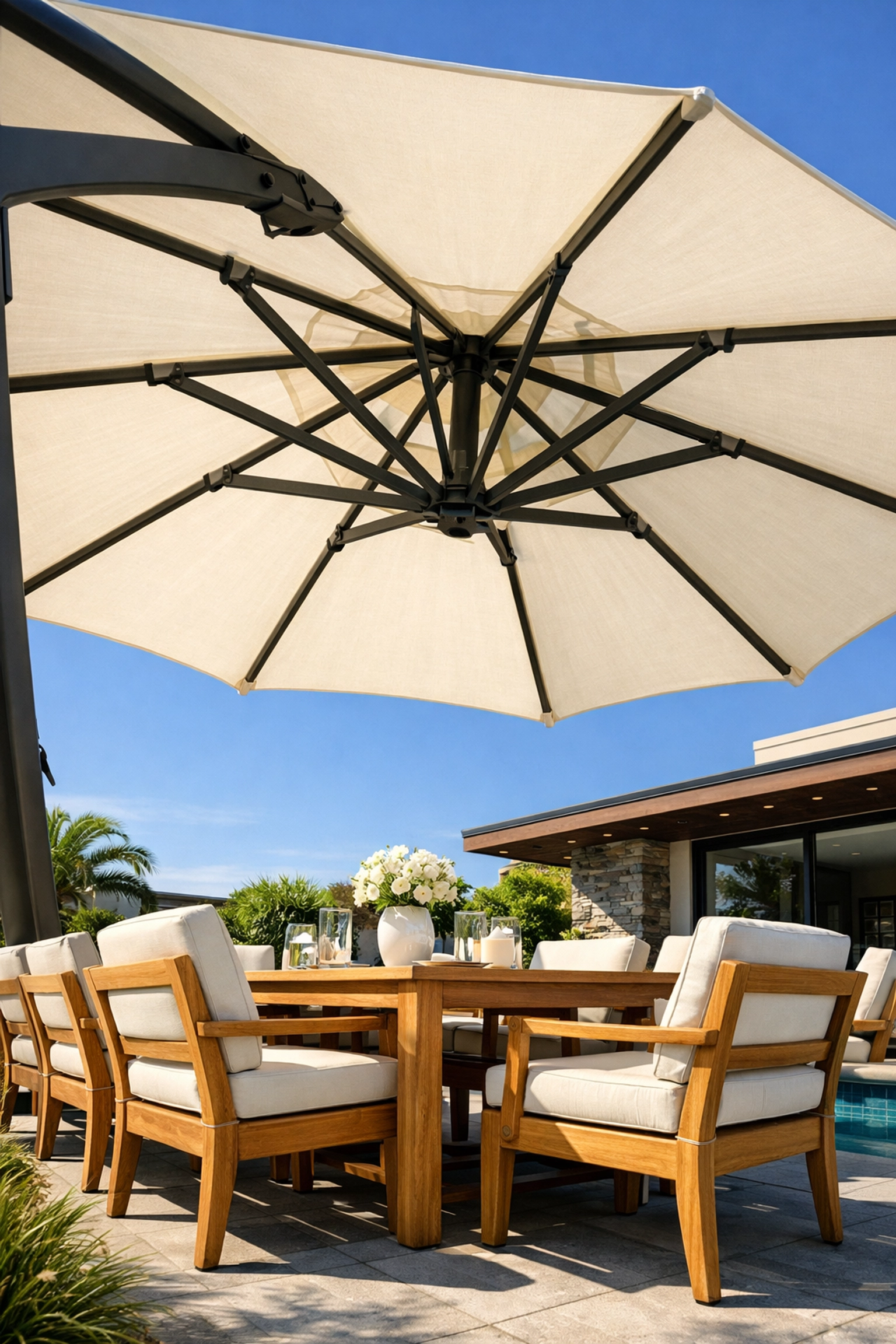 Cream Sunbrella canopy patio umbrella with matching custom cushions on premium teak furniture.