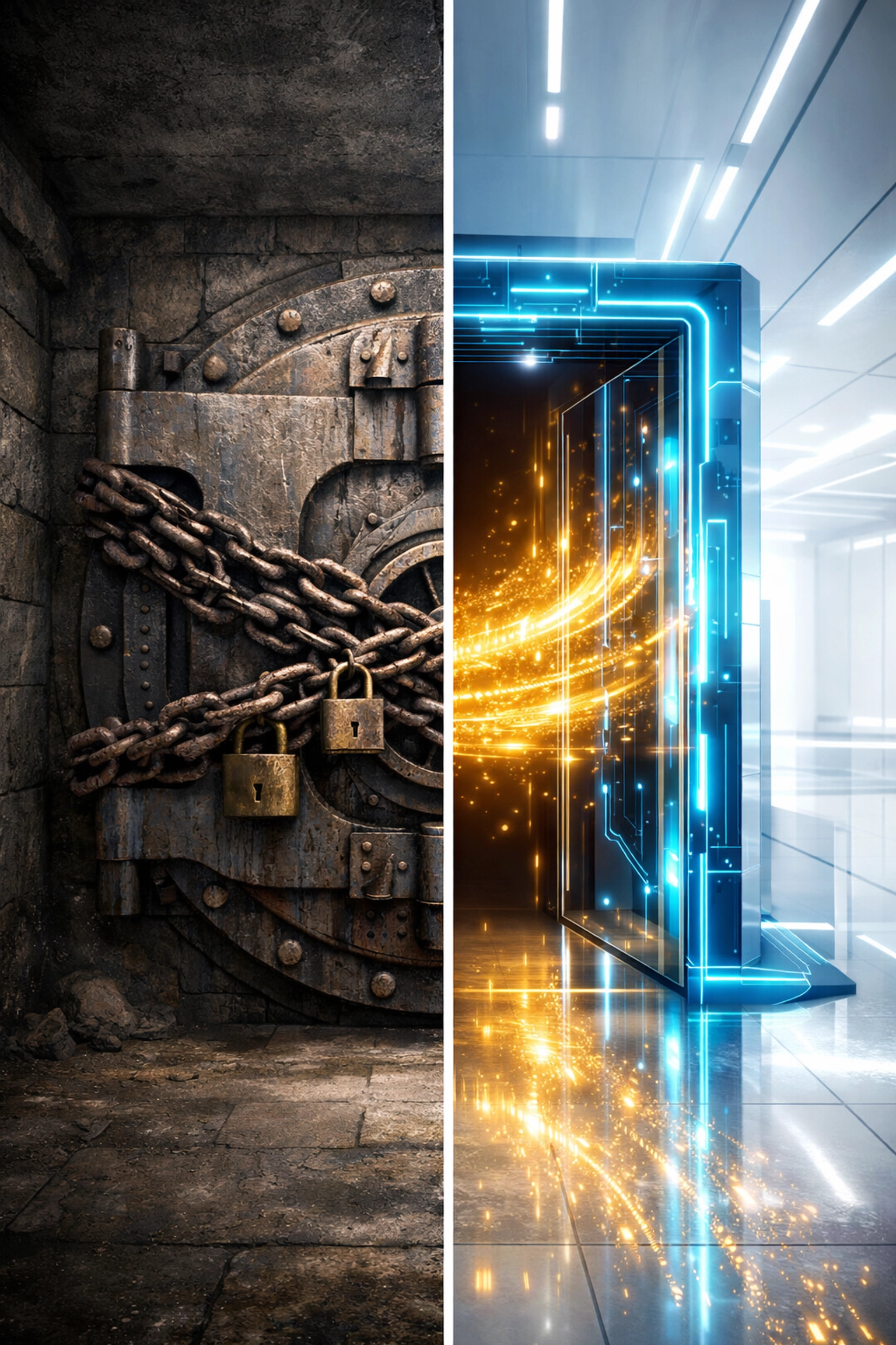 Visual comparison of locked legacy bank systems versus open digital gateways for Web3 global payments.