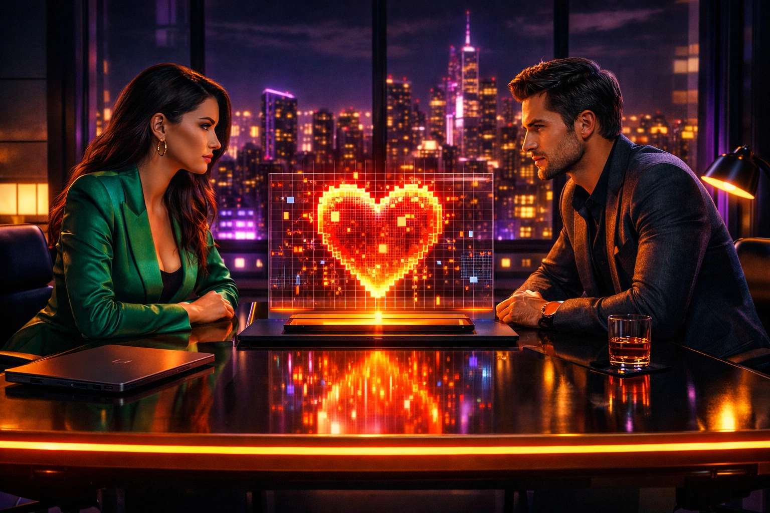 Two professionals sharing an intense moment across a glowing executive desk, highlighting office romance chemistry.