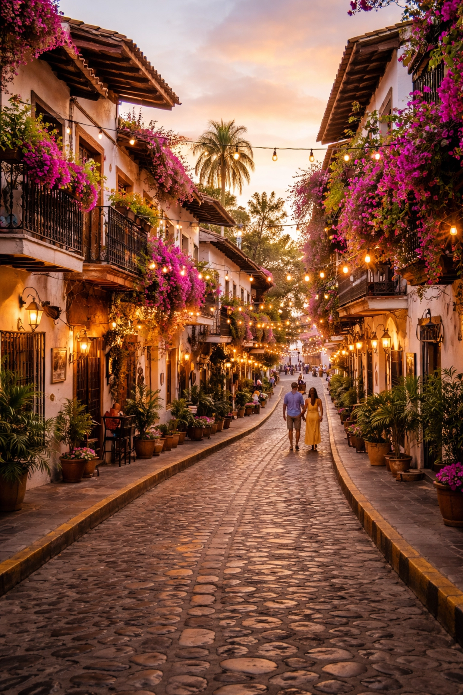 Charming Puerto Vallarta Zona Romántica cobblestone street with colonial buildings and a couple strolling hand in hand