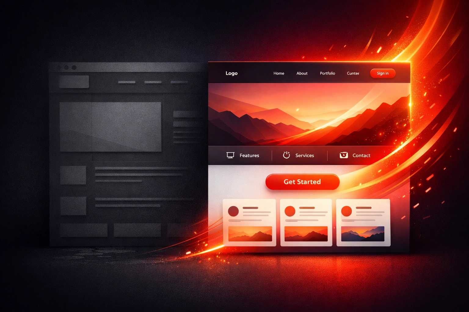 Illustration of a website redesign transition from a basic wireframe to a modern professional site.