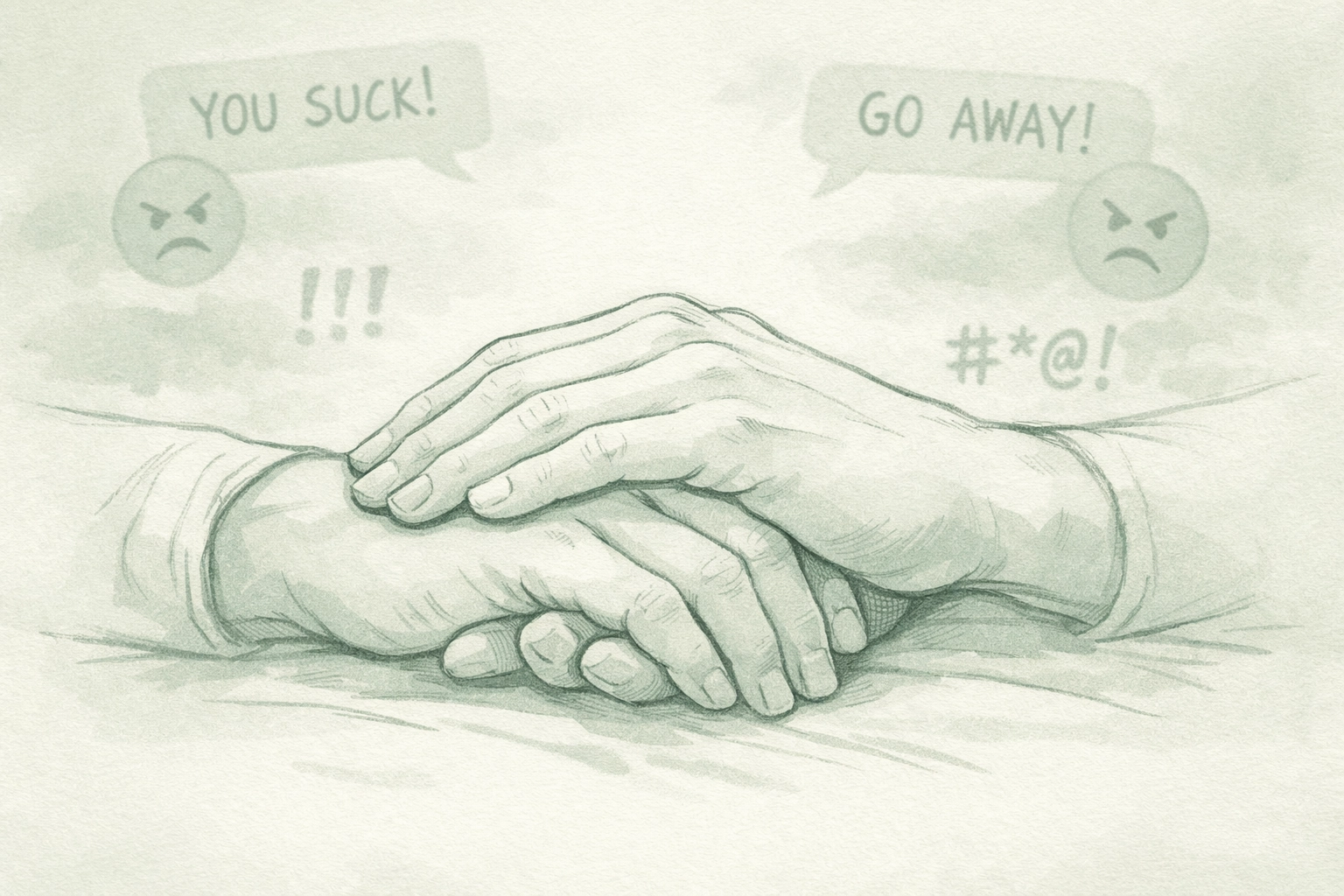 Two men's hands intertwined showing support against LGBTQ+ online hate