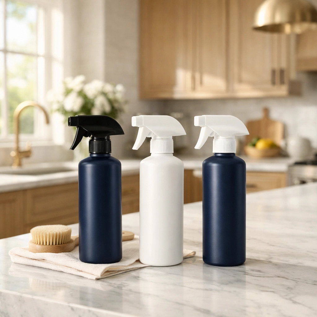 Eco-friendly cleaners on a marble island for weekly house cleaning in Duxbury luxury homes.