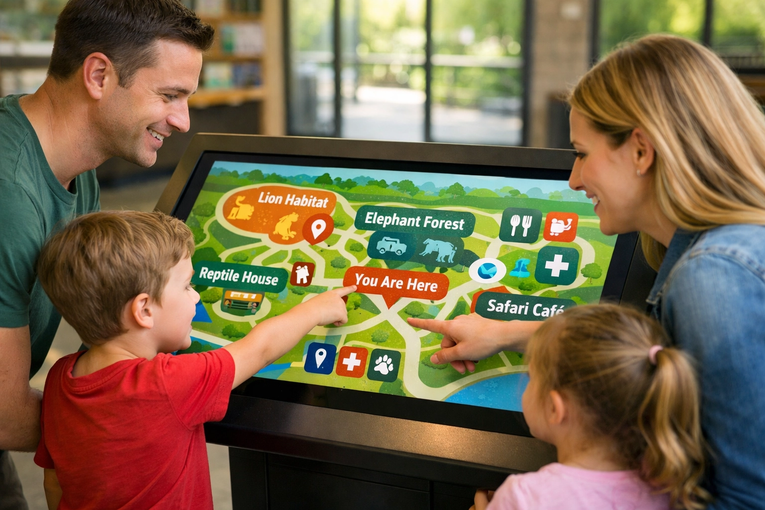 Family using interactive touchscreen kiosk for wayfinding at zoo visitor center