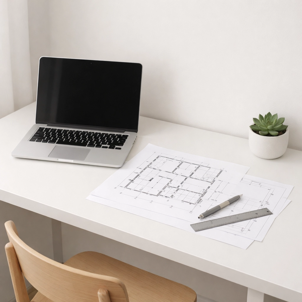 Home office workspace with floor plans for calculating tax deduction square footage