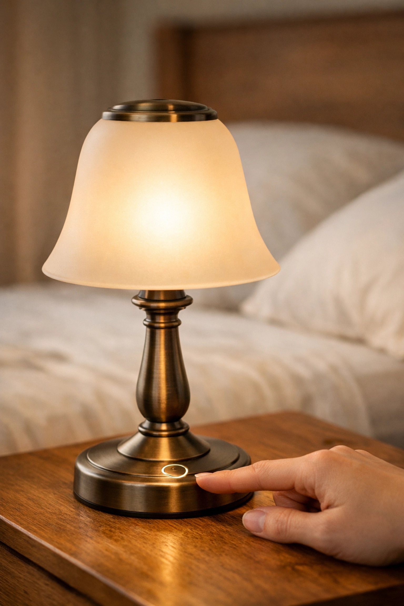 Bedside lamp with frosted shade providing low-glare lighting for senior bedroom safety