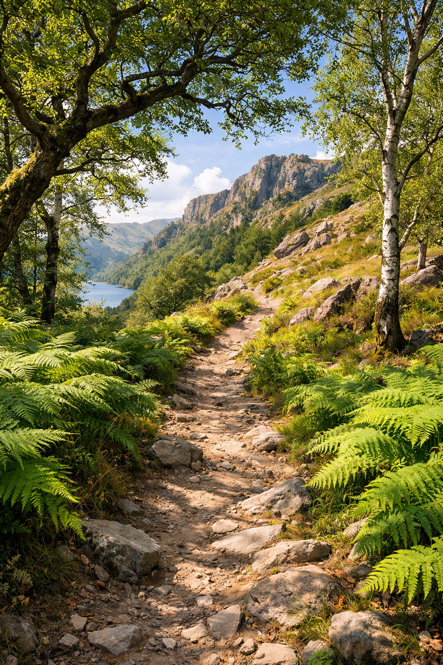 Woodland hiking path transitioning to open fellside on Lake District guided walk