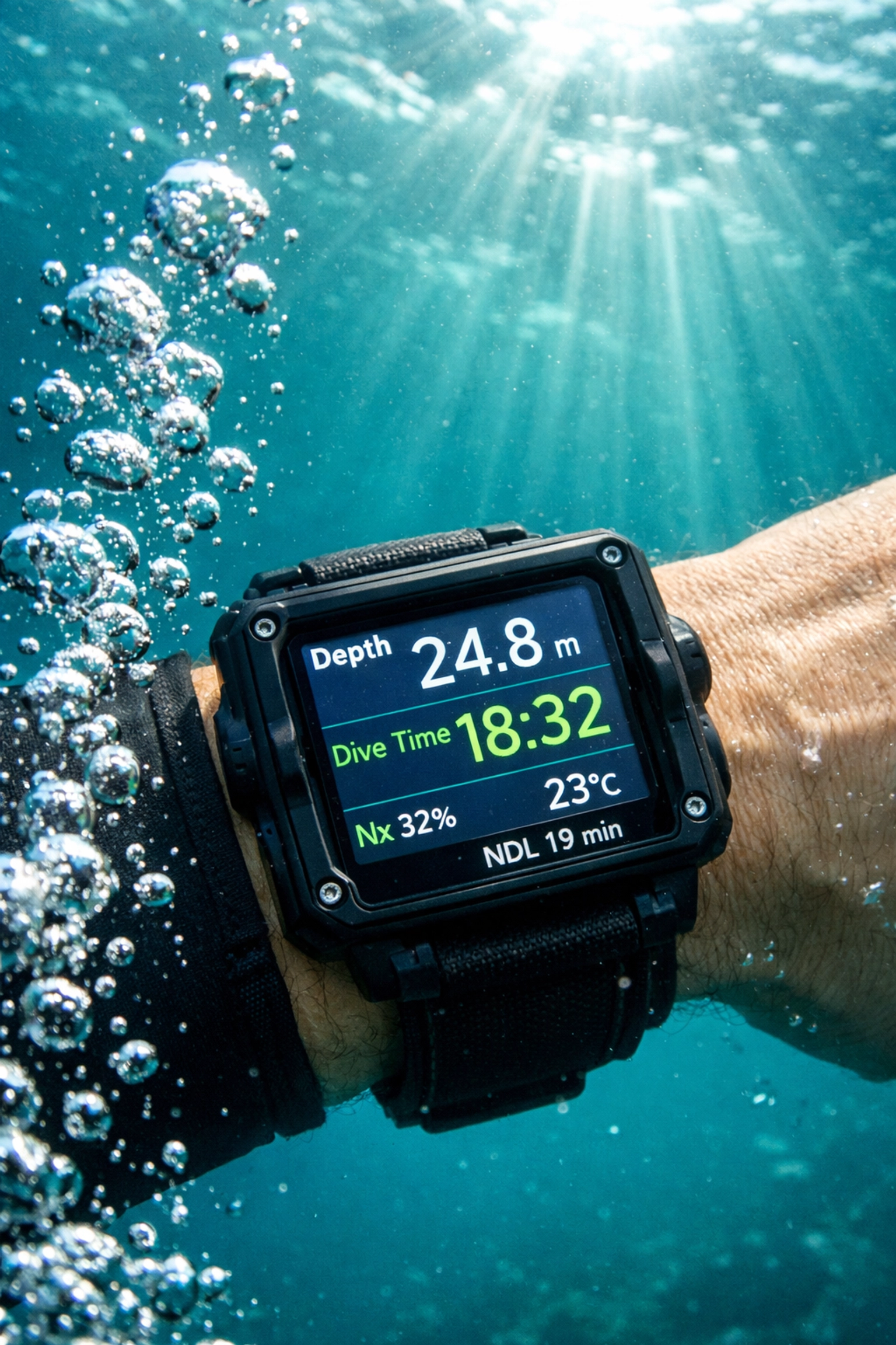 Tauchcomputer am Handgelenk eines Tauchers unter Wasser mit beleuchteter Anzeige