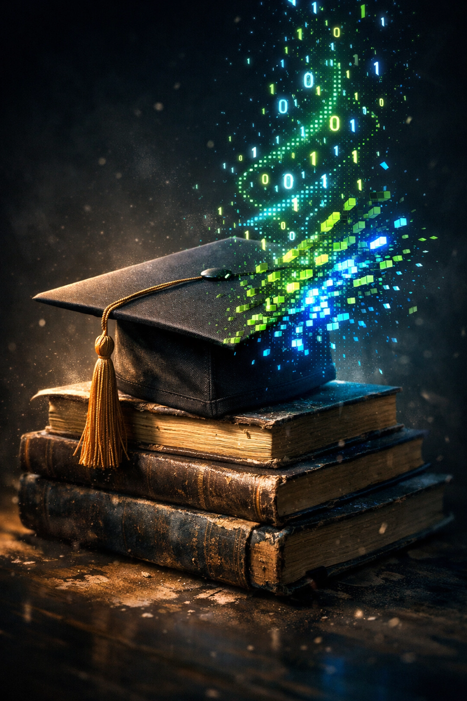 Traditional graduation cap disintegrating into digital data to fix the campus-to-career gap.