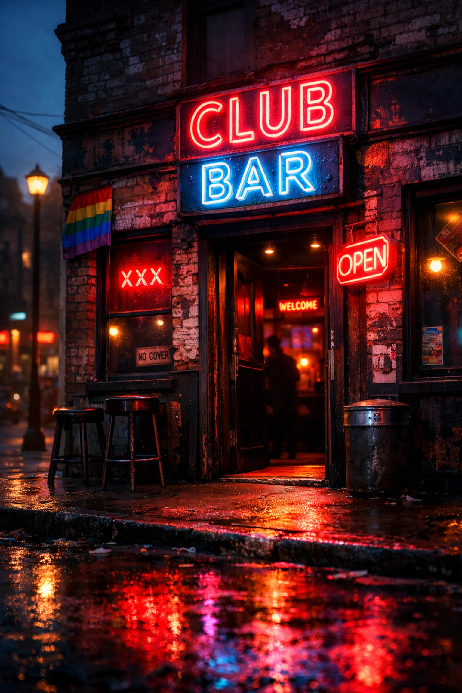Vintage gay cruising bar entrance with rainbow flag and neon signs at dusk