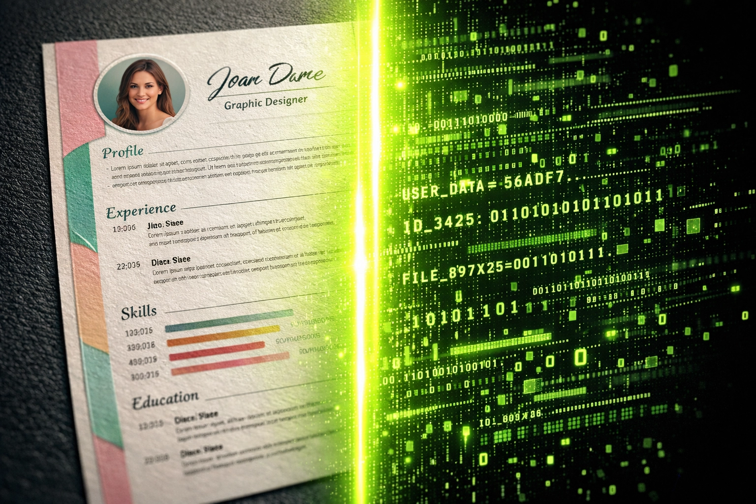 Creative resume template being scanned into digital code to show how non-ats compliant resumes fail parsing.