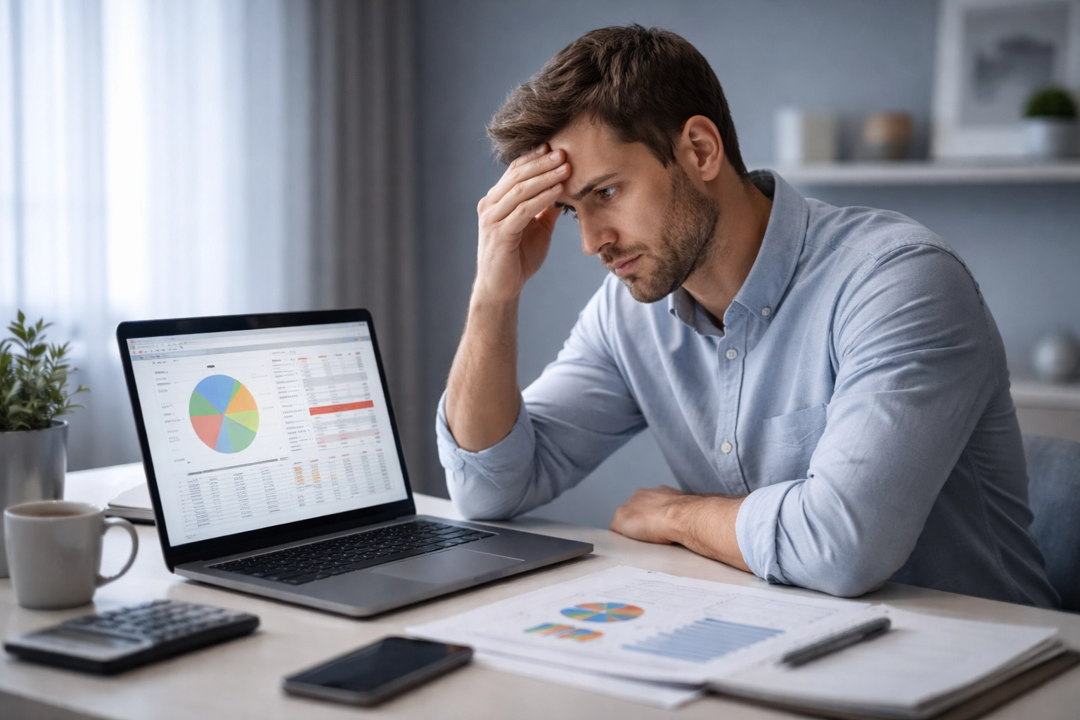 Frustrated small business owner reviewing bookkeeping errors on a laptop, highlighting AI automation mistakes.