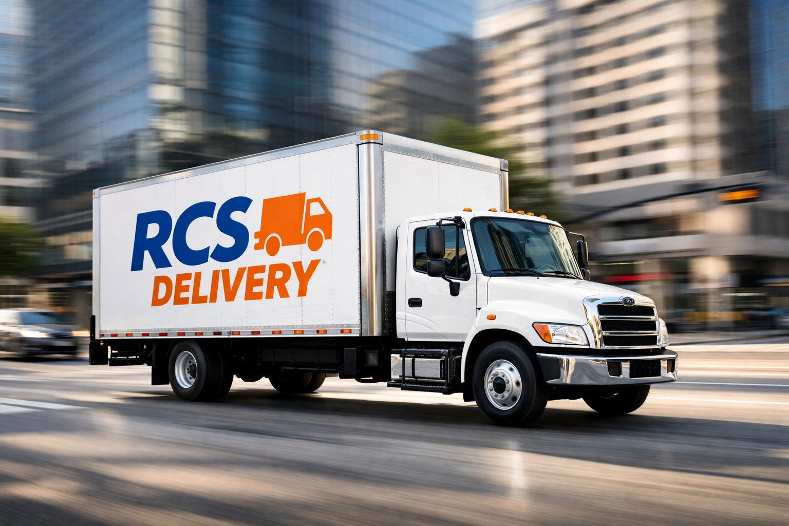 Efficient RCS Delivery truck providing fast route service in a city environment.