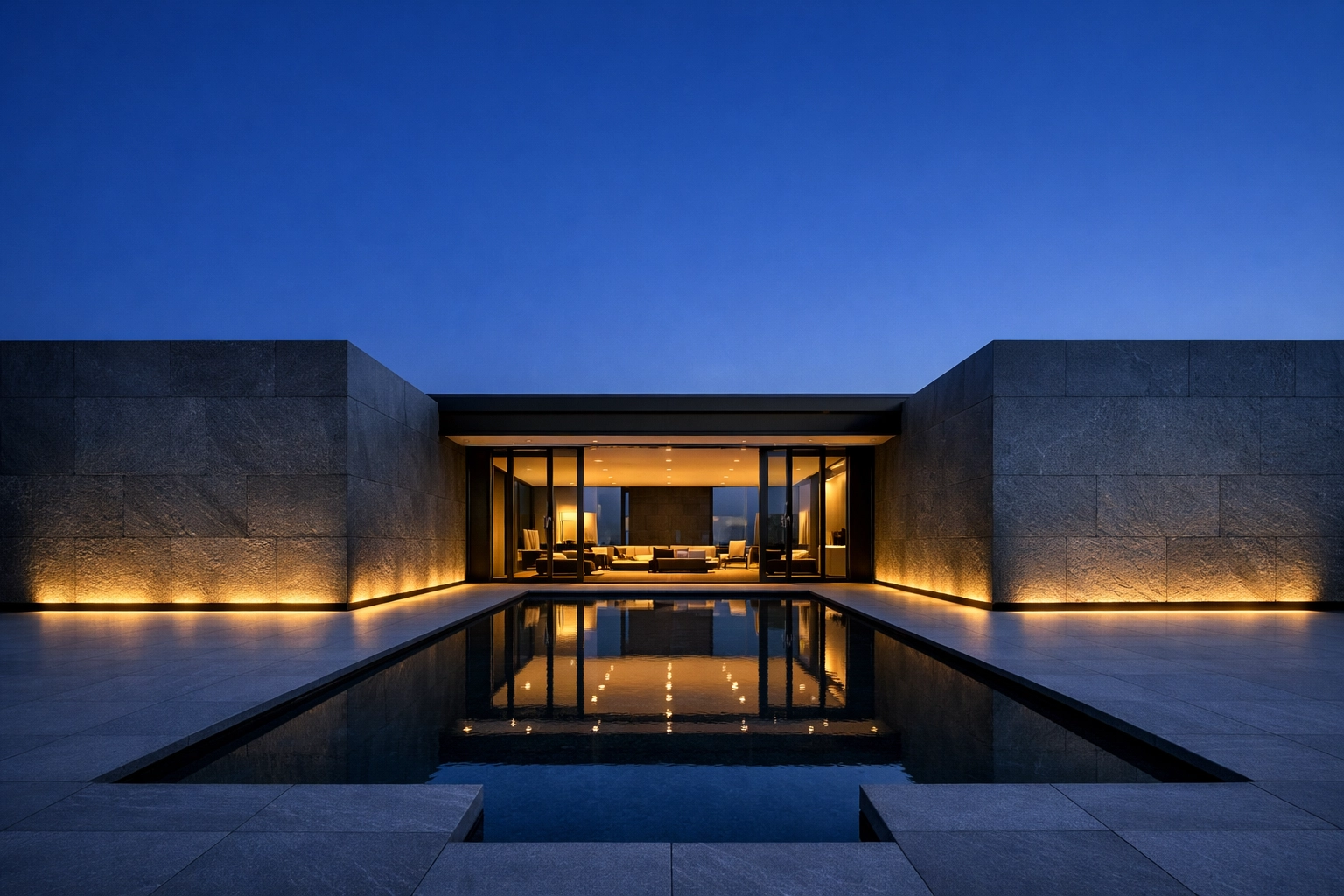 Charcoal grey ECO-FLEXI MCM stone panels used for minimalist exterior wall cladding at dusk.