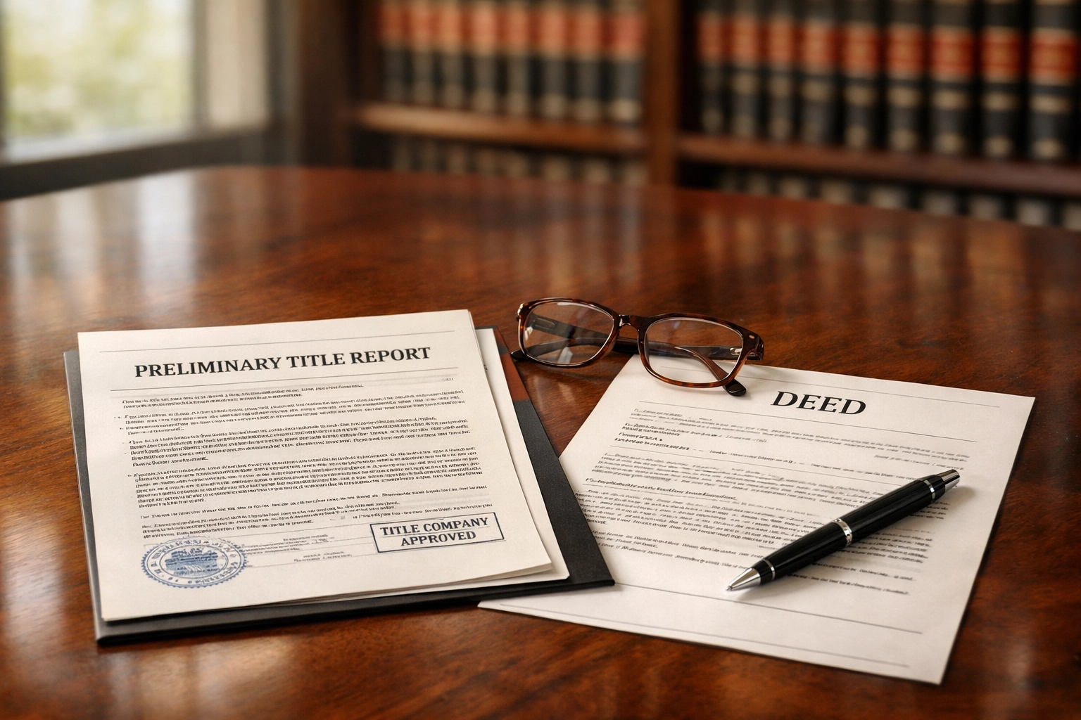 Preliminary title report and property deed documents on table at title company office