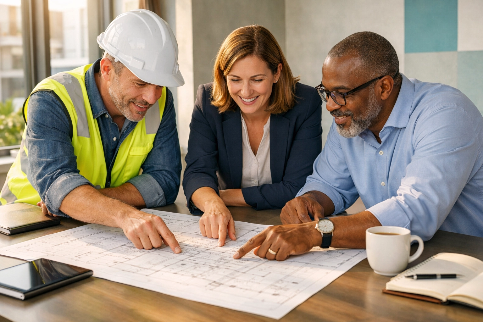 Design build contractor team collaborating on construction blueprints in Florida office