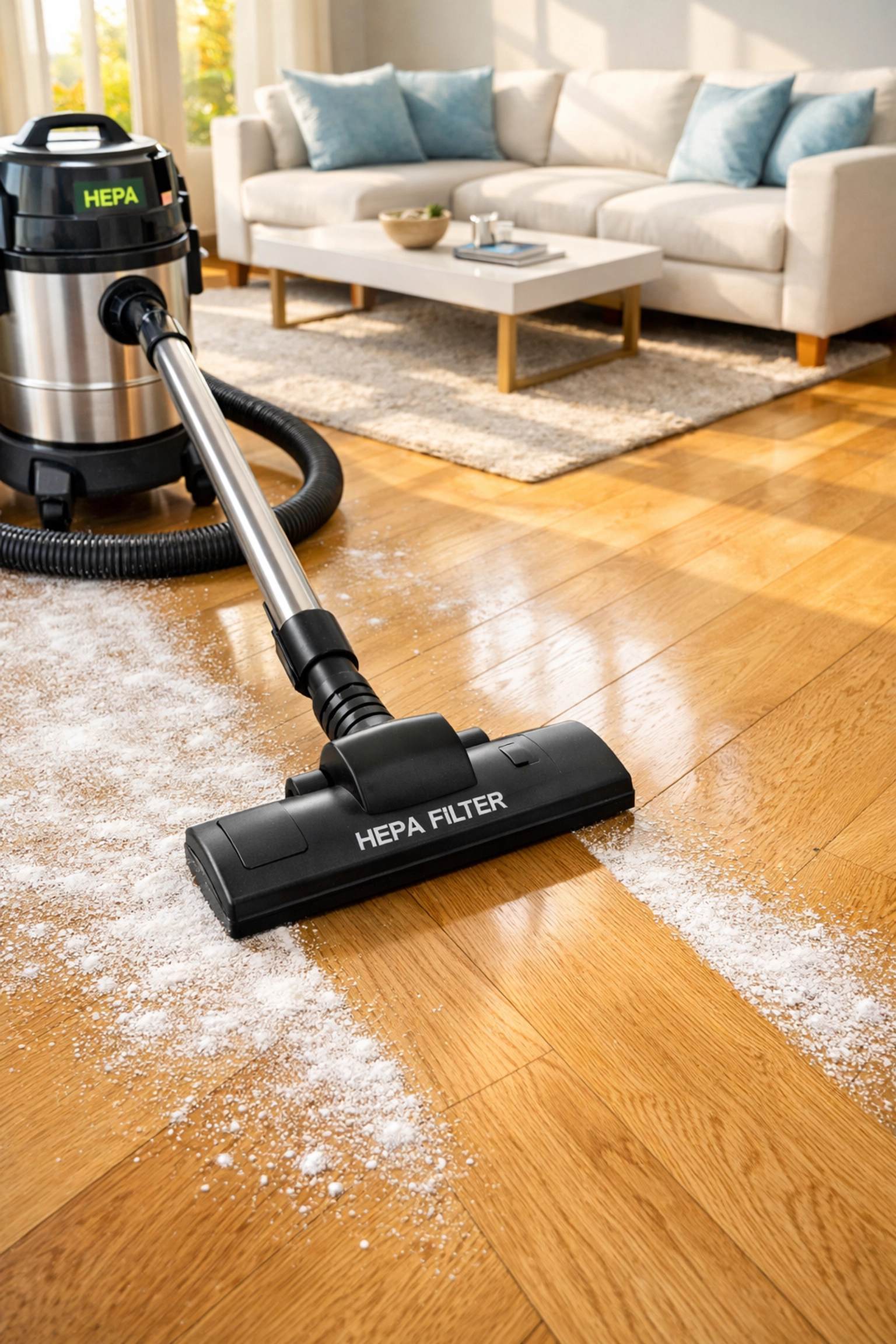 HEPA vacuuming drywall dust from hardwood floors during post construction cleaning Bedford.