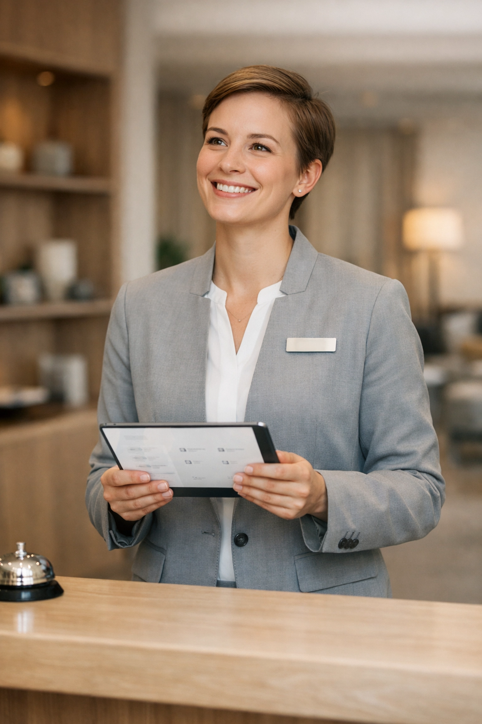 Empowered hotel receptionist using simple hospitality tech to improve guest service.