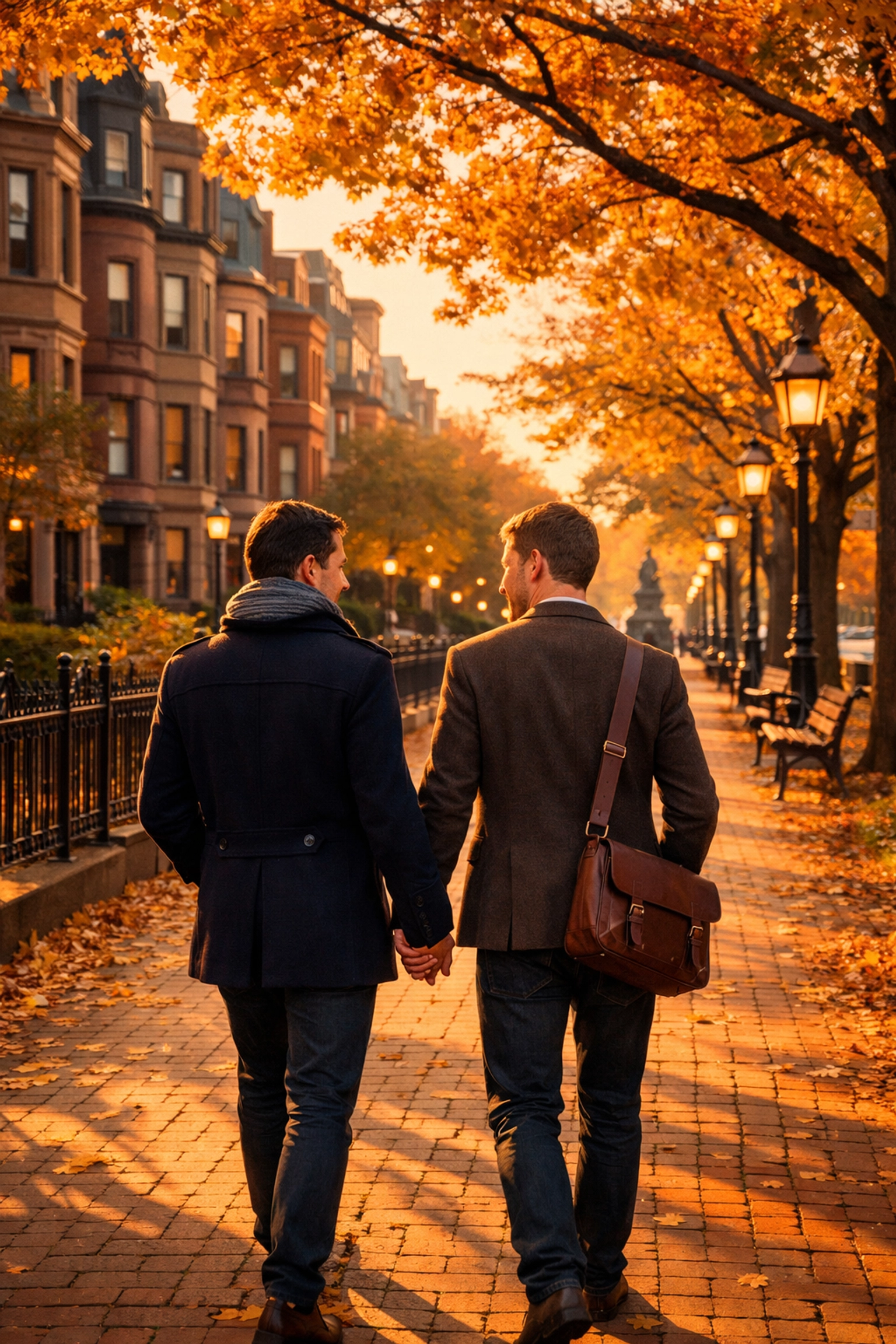 Gay couple holding hands walking through Boston's historic Back Bay neighborhood
