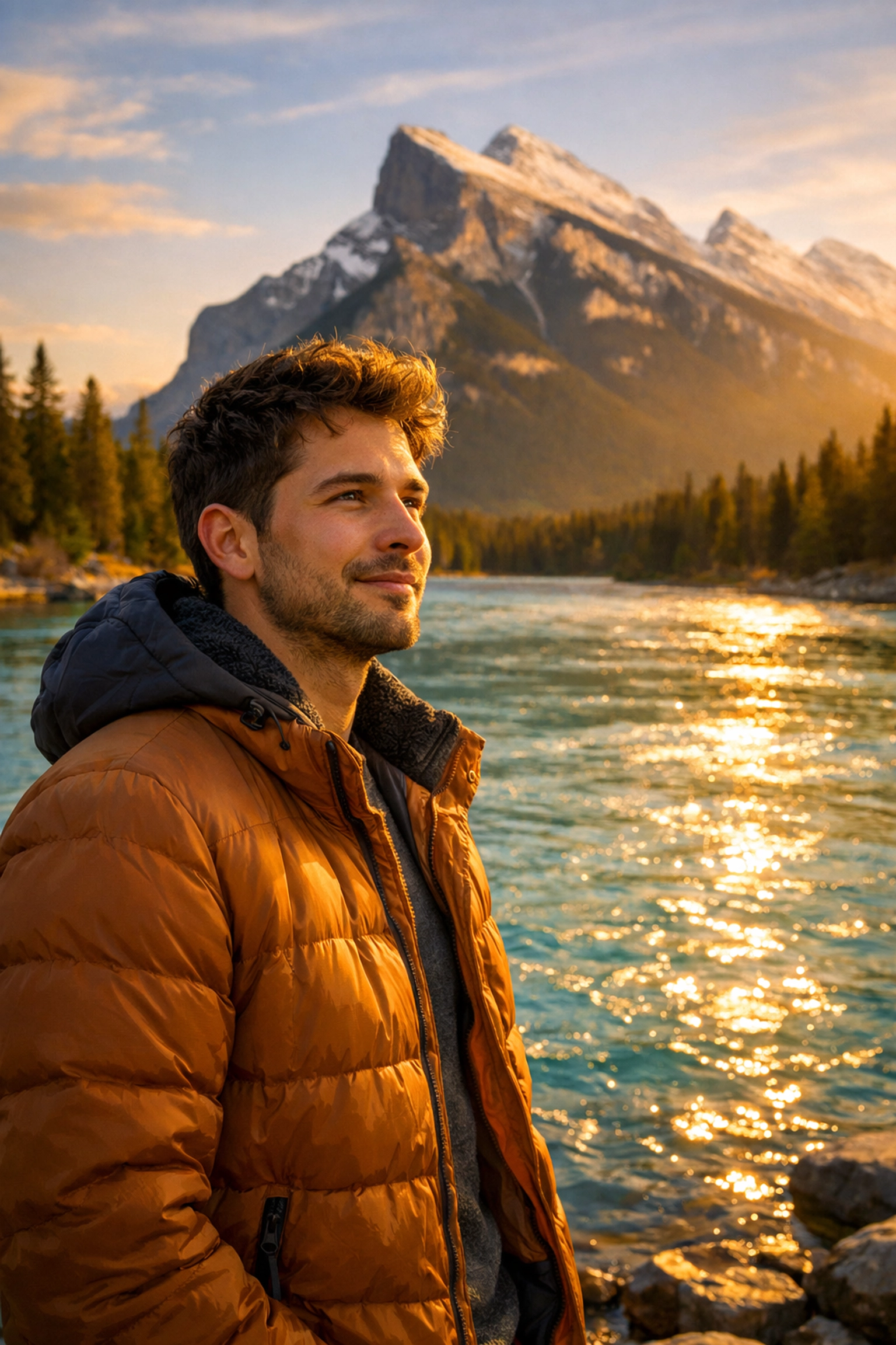 A young foreign worker standing by the Bow River in Banff, reflecting on their Canadian immigration path.