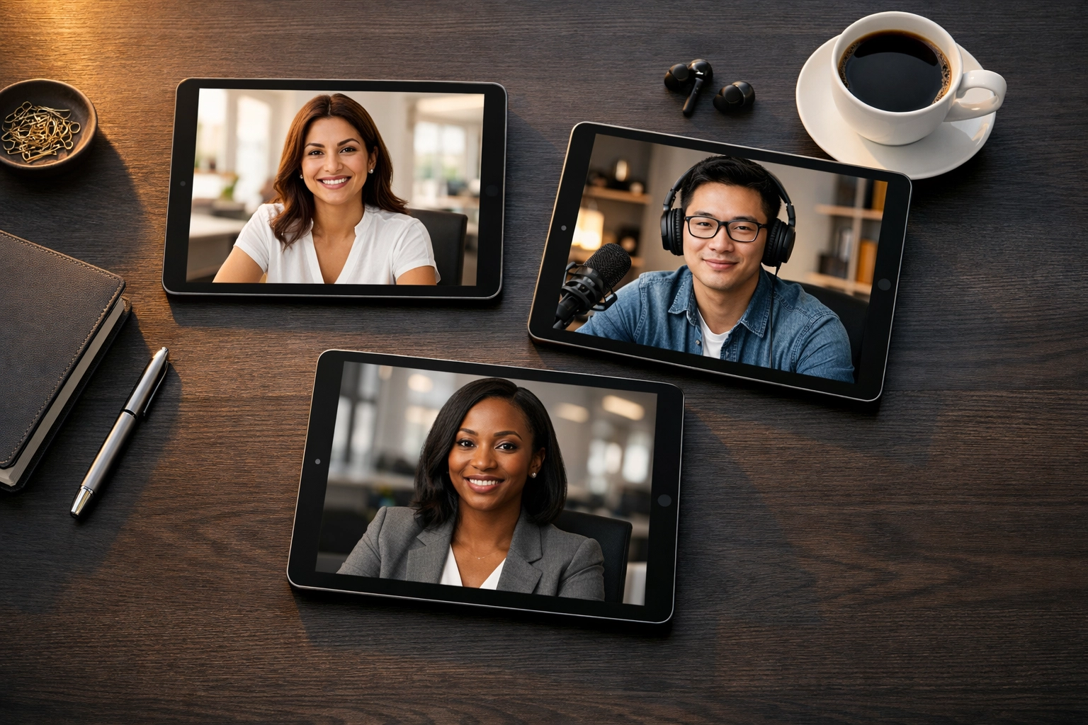 A remote team collaboration on tablets representing a multi-state workforce and payroll audit.