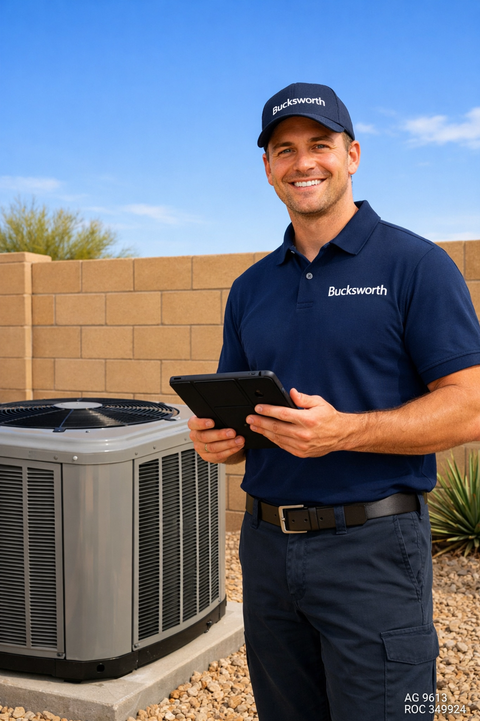 Bucksworth Home Services technician performing reliable AC maintenance in Mesa, AZ.