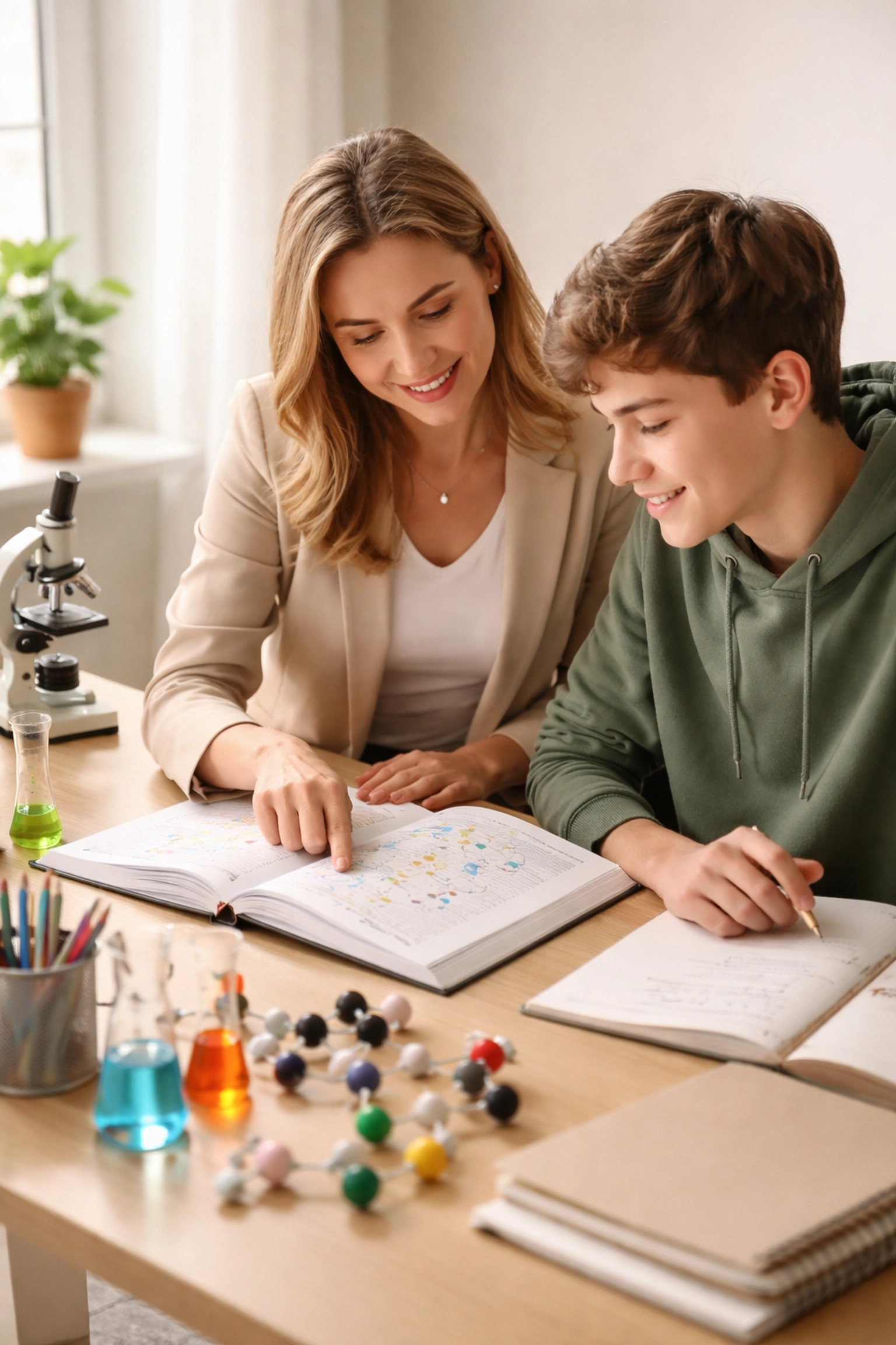 Experienced A Level Chemistry tutor and student discussing molecular structures during a personalized lesson