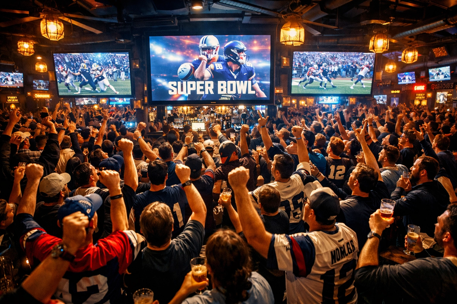 Sports fans watching Super Bowl at packed bar during game day