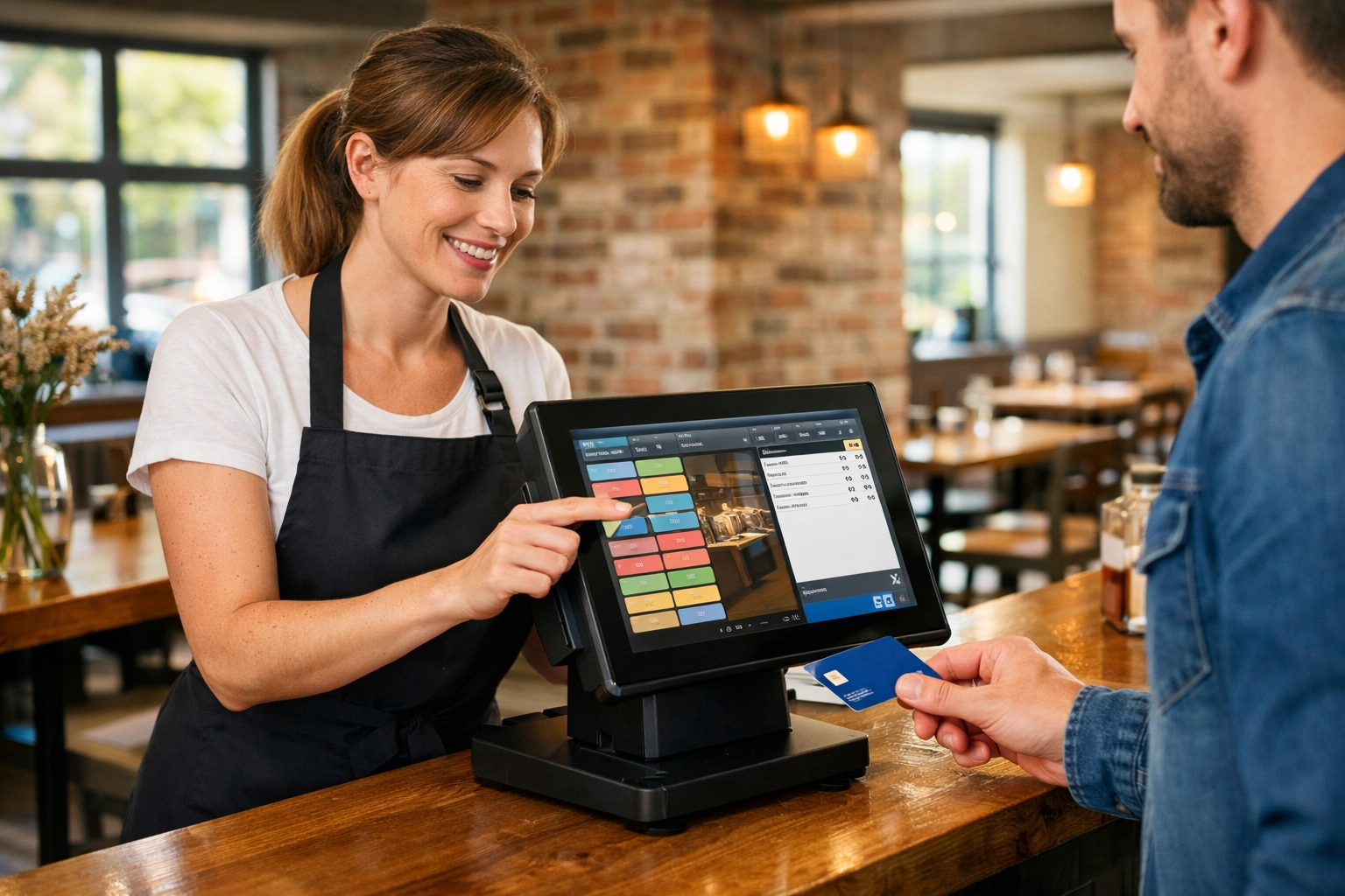 Restaurant staff using Epos Now touchscreen till system to process a contactless payment in a UK café